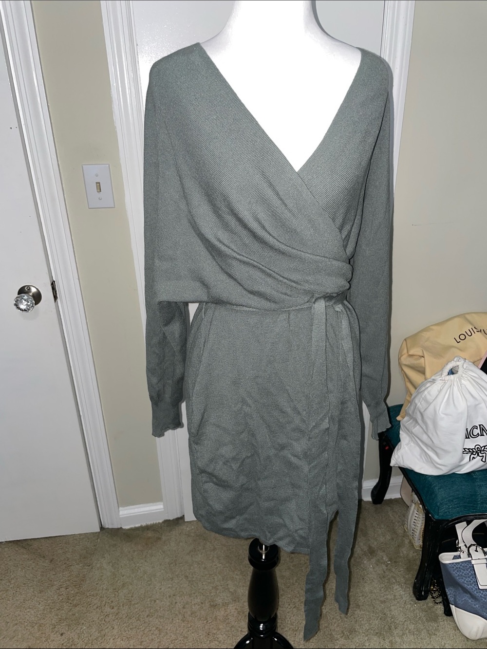 Wrap Knit light weight sweater Dress in Sage Green